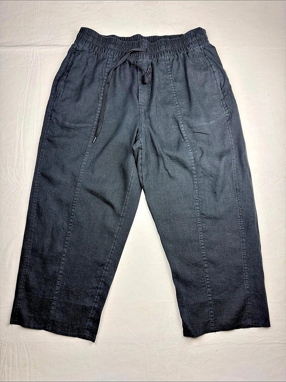 Athleta Black Linen Cropped Elastic Drawstring Pants Zip Side Pockets Size M